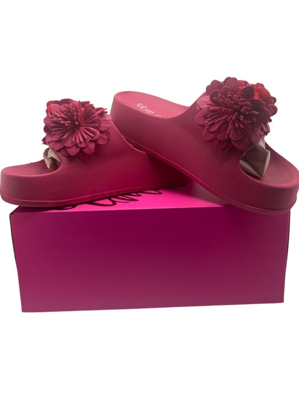 Womens Pink Floral Platform Slide Sandals With Decorative Flower Detail Comforta